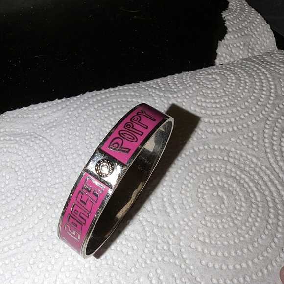 Coach Logo Pink Enamel Poppy Bangle Silver Tone Bracelet - Picture 2 of 4